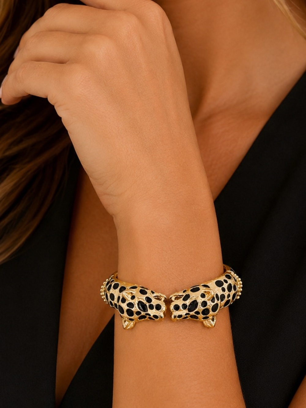 Gold Leopard Head Hinged Bangle Bracelet in Gold and Black